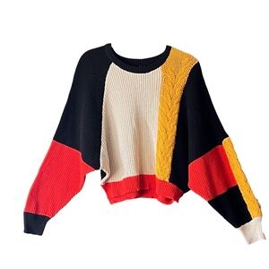 Colorblock short waisted soft ribbed and Cable knit Dolman sleeve sweate…